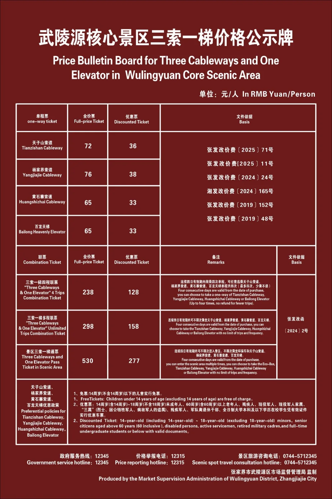 Official Wulingyuan price bulletin board showing prices for the Tianzi, Yangjiajie and Huangshi cable cars and the Bailong Elevator